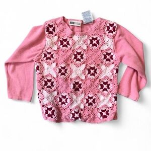 Faded Glory 4T Pink & Red Ramie Cotton Granny Square Long Sleeve Crochet Sweater